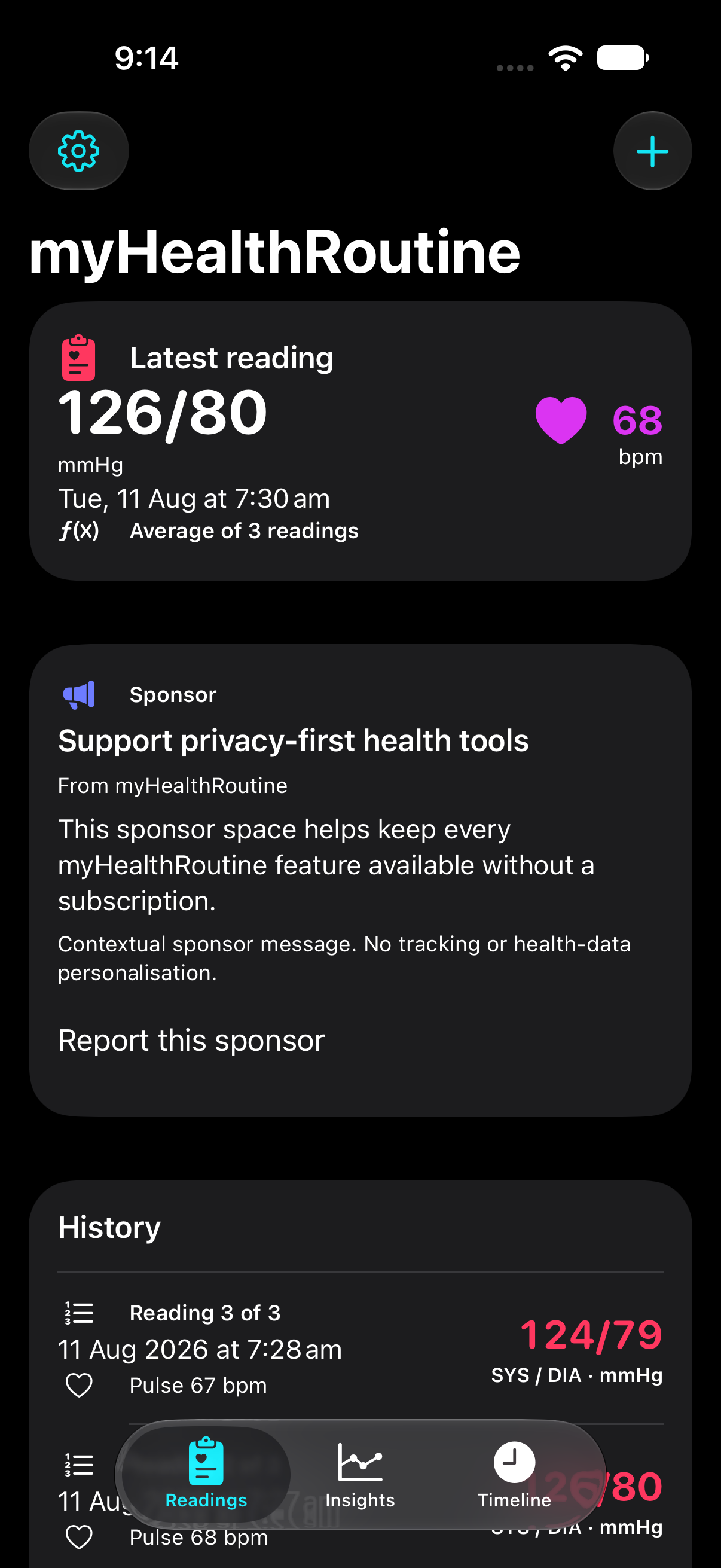 myHealthRoutine Readings screen on iPhone showing the latest reading and history