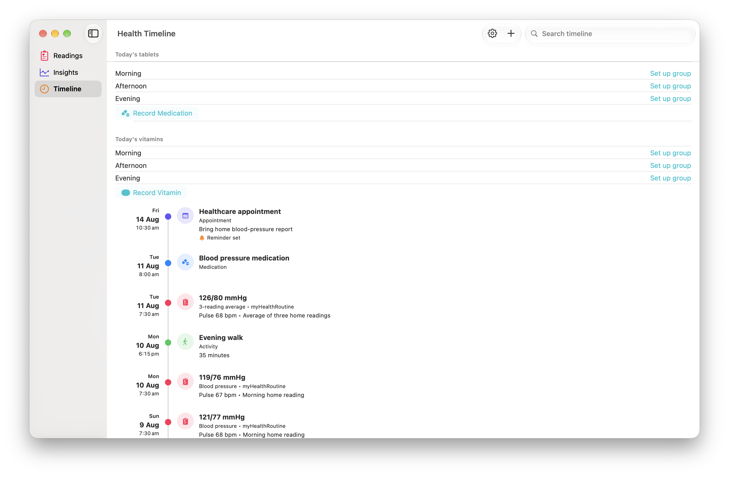 myHealthRoutine Health Timeline on Mac showing dated readings and events